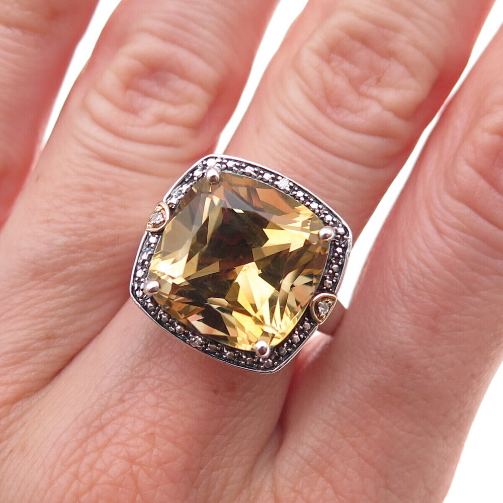Michelle Albala 925 Sterling 14K Gold Vintage Real Diamond & Citrine Ring Size 8